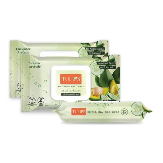 Tulips Refreshing Wet Wipes, Cucumber & Avocado, made with PLANT based fibre, LID Pack (Pack of 3, 30 wipes each)