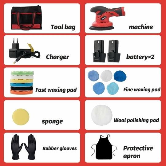 ENON 12v Cordless Car Polisher Kit Set, 2500-5000 RPM, 2X Battery, Brushless Car Polishing Machine, Buffer Polisher with 6 Variable Speeds, Sander for Car Waxing Buffing Scratch Repairing (XE-BL 1250)
