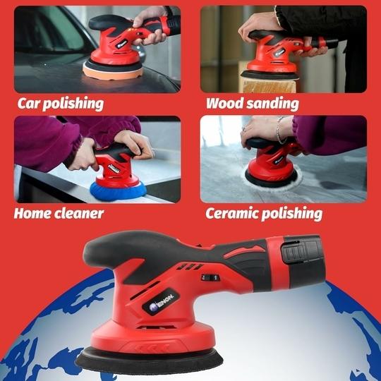 ENON 12v Cordless Car Polisher Kit Set, 2500-5000 RPM, 2X Battery, Brushless Car Polishing Machine, Buffer Polisher with 6 Variable Speeds, Sander for Car Waxing Buffing Scratch Repairing (XE-BL 1250)