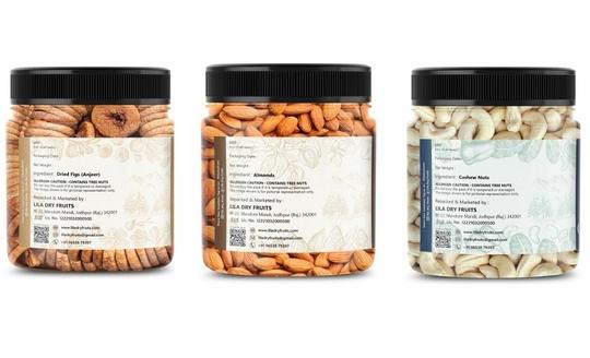 LILA DRY FRUITS Premium Dried Nutritious & Delicious Afghani Anjeer, California Almonds & Cashew Combo Jar Pack of 100gms each (300gms total) | Dried Figs , Badam Giri & Kaju Nuts