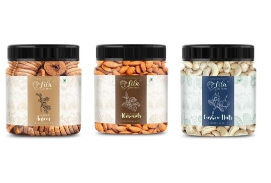 LILA DRY FRUITS Premium Dried Nutritious & Delicious Afghani Anjeer, California Almonds & Cashew Combo Jar Pack of 100gms each (300gms total) | Dried Figs , Badam Giri & Kaju Nuts
