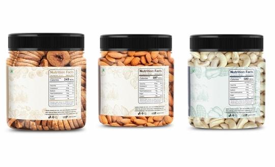 LILA DRY FRUITS Premium Dried Nutritious & Delicious Afghani Anjeer, California Almonds & Cashew Combo Jar Pack of 100gms each (300gms total) | Dried Figs , Badam Giri & Kaju Nuts